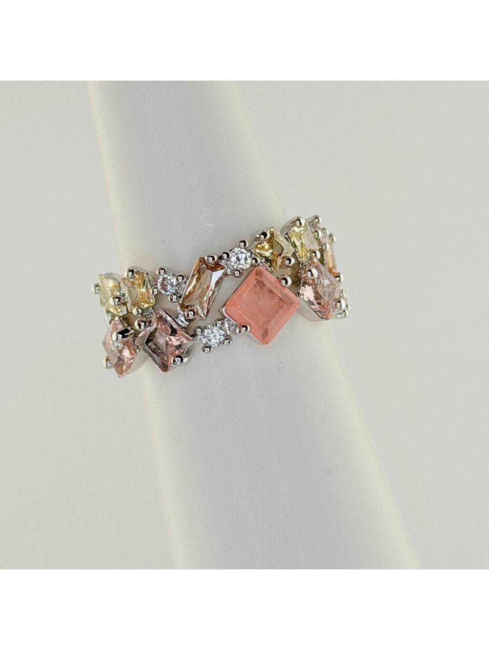 Bomb Party Ring Sz 7 "Eternity Bound" Lemon, Smokey Topaz, Morganite on Rhodium